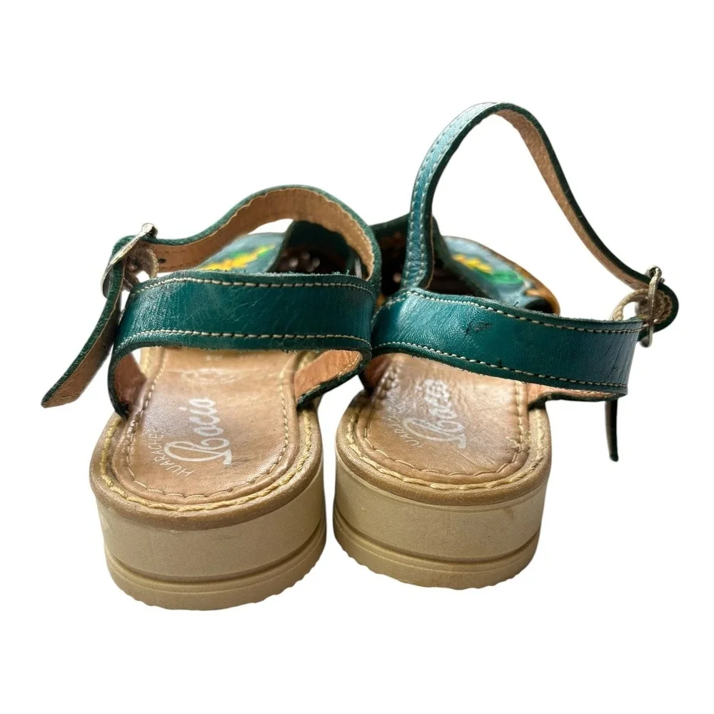 Mexican Huarache Leather‎ Floral Embroidered Slingback Sandals Boho Artisan 5